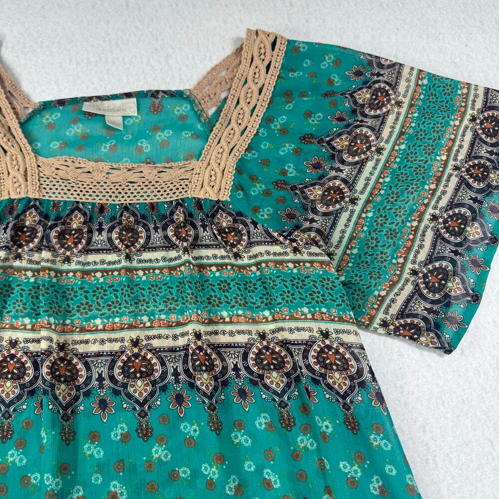 Dressbarn Lg Turquoise Patterned Crochet Neckline Blouse Boho Flowy Festival